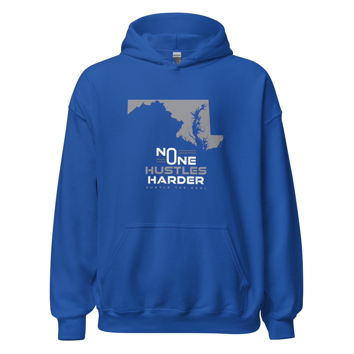 Blue No One Hustles Harder Maryland hoodie with Maryland state graphic