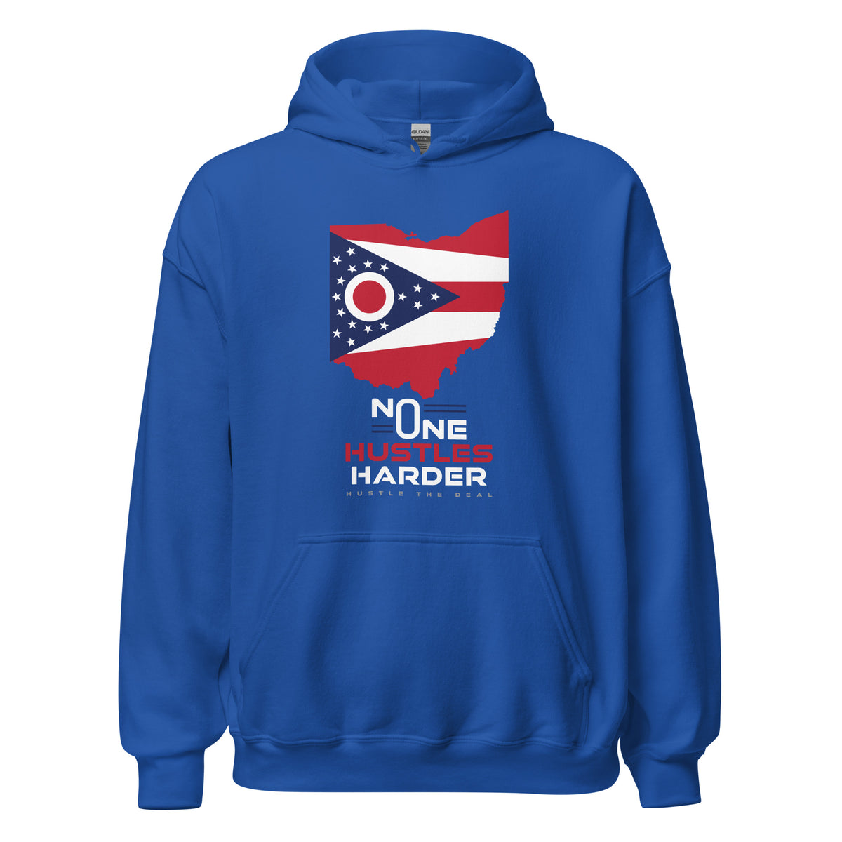 Blue Ohio hoodie with Ohio state flag graphic and No One Hustles Harder motivational design