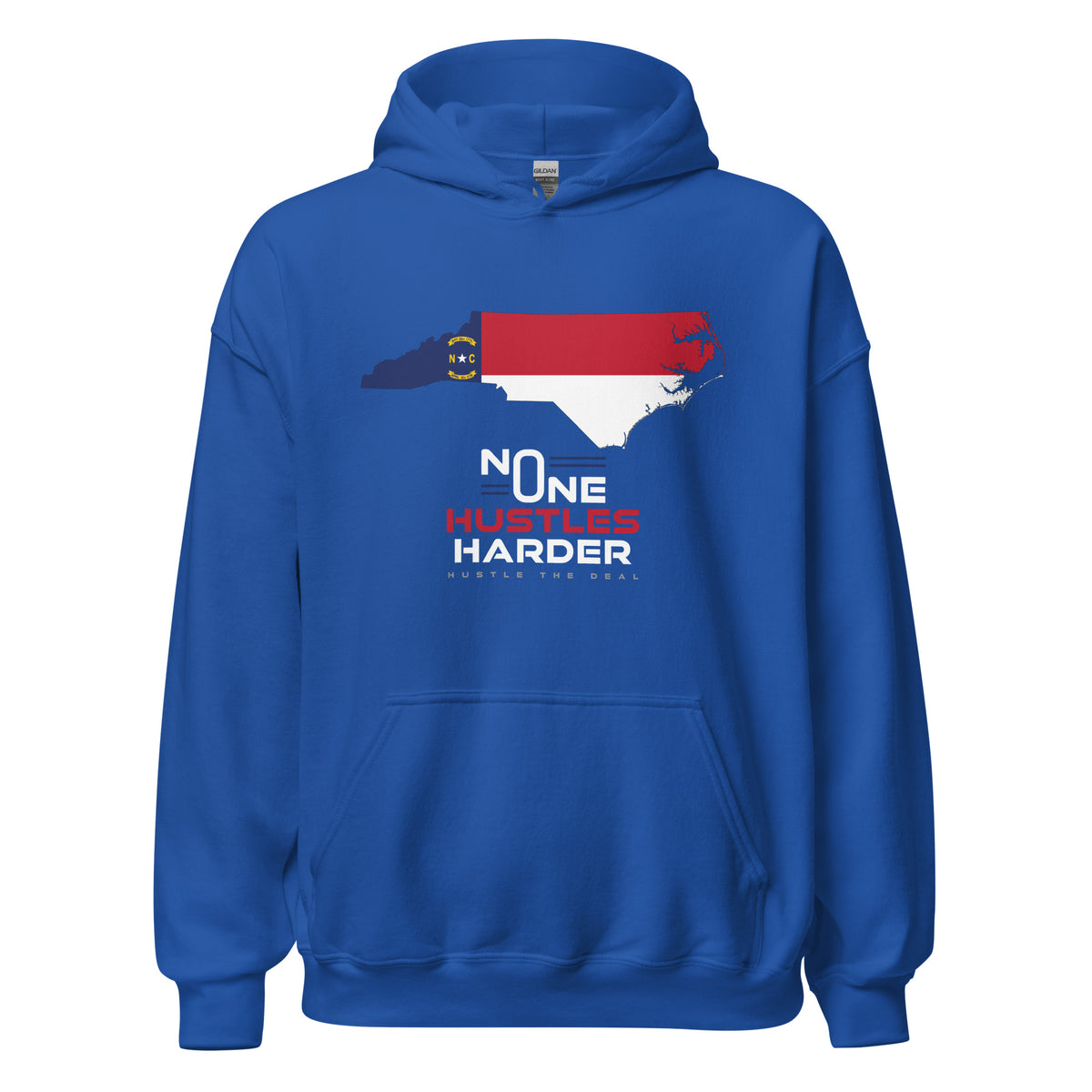 Blue North Carolina hoodie with state flag graphic and No One Hustles Harder motivational design