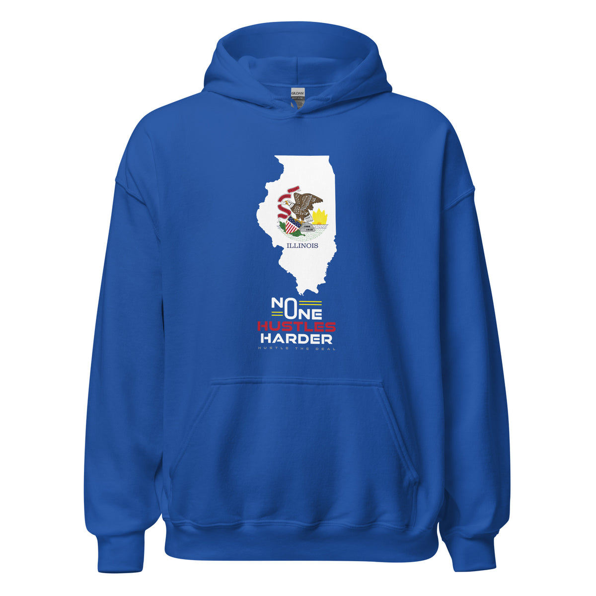Blue Illinois hoodie with state flag graphic and No One Hustles Harder motivational design