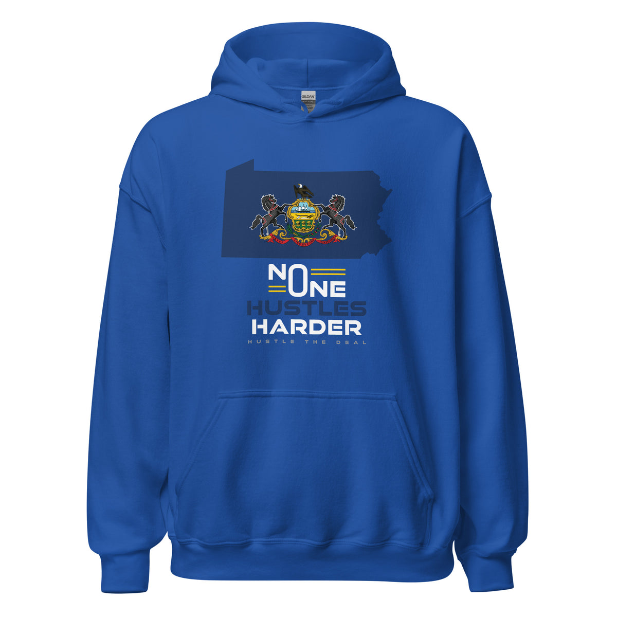 Blue Pennsylvania hoodie with state flag graphic and No One Hustles Harder motivational design