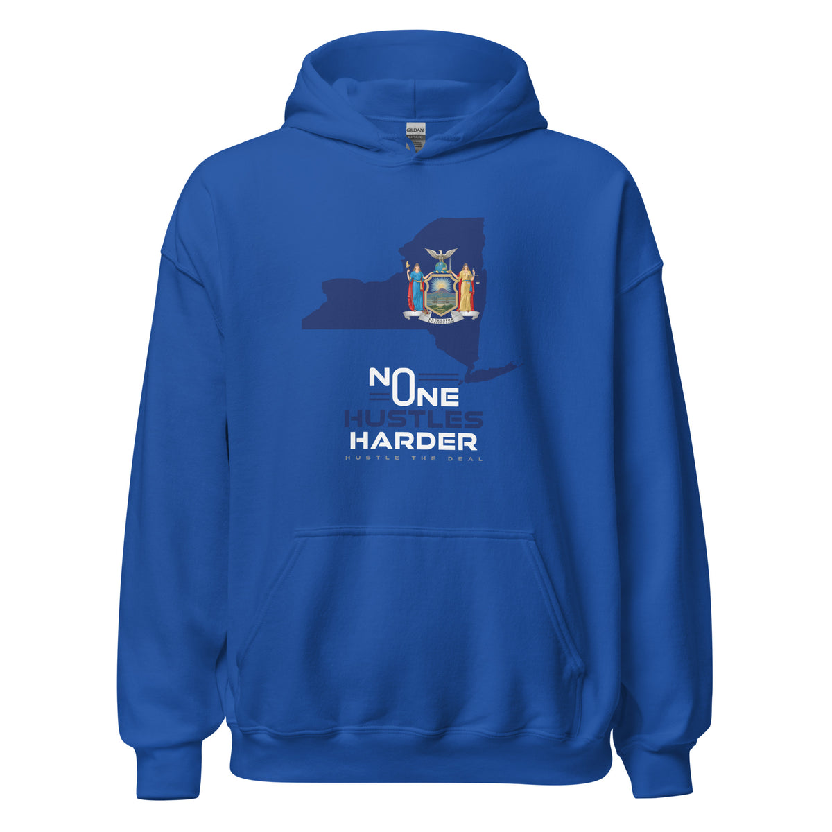 Blue New York hoodie with state flag graphic and No One Hustles Harder motivational design