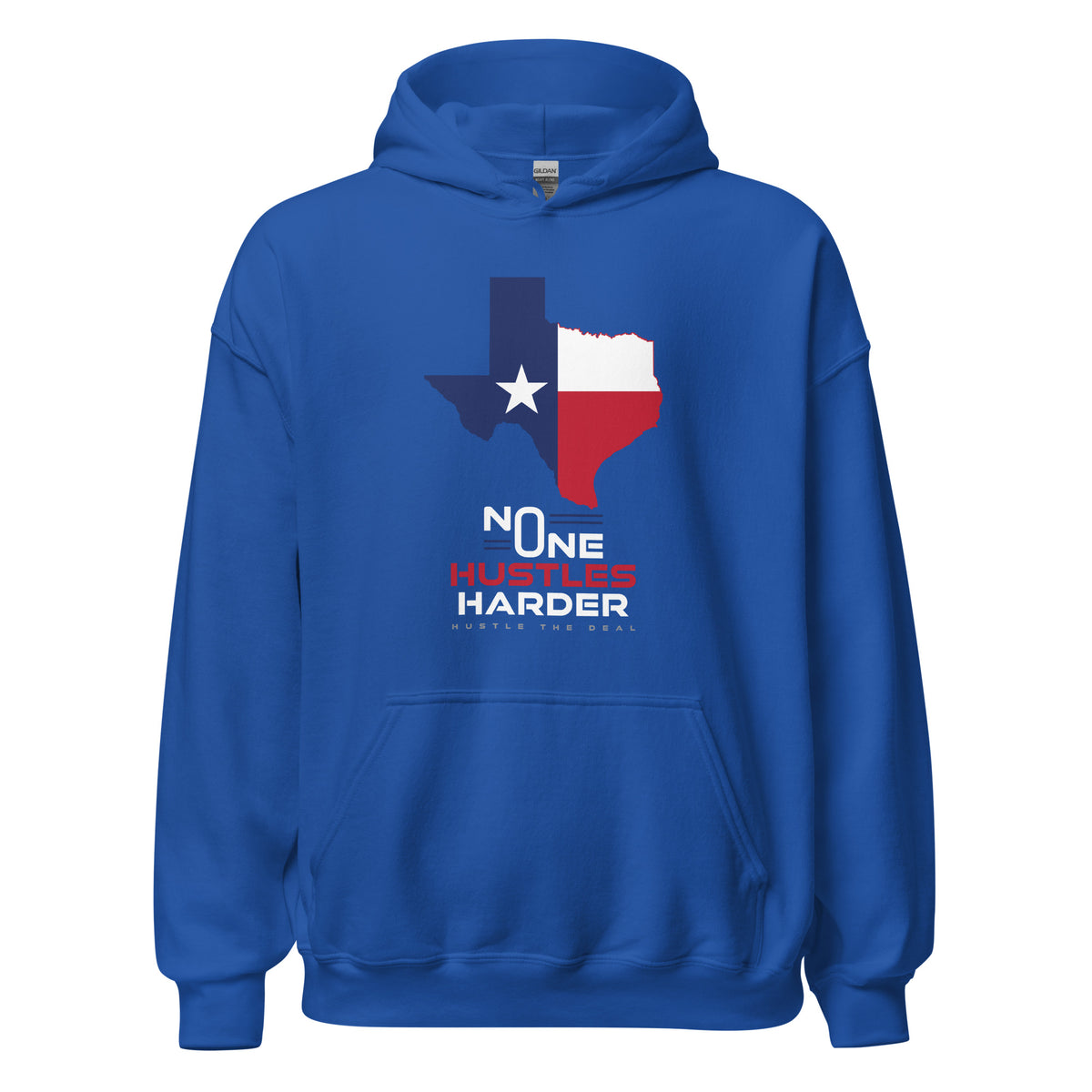 Blue Texas hoodie with state flag graphic and No One Hustles Harder motivational design
