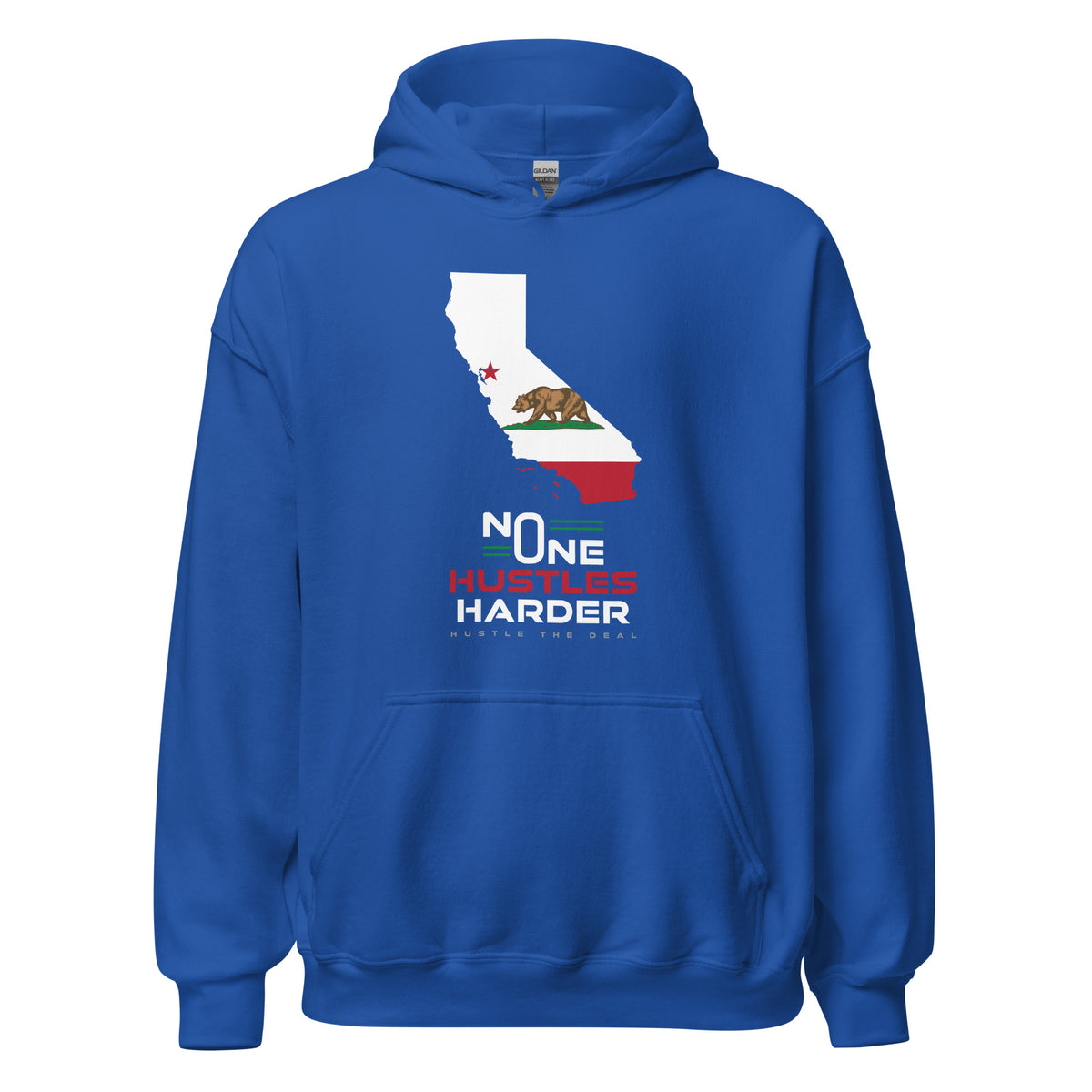 Blue California hoodie with state flag graphic and No One Hustles Harder motivational design