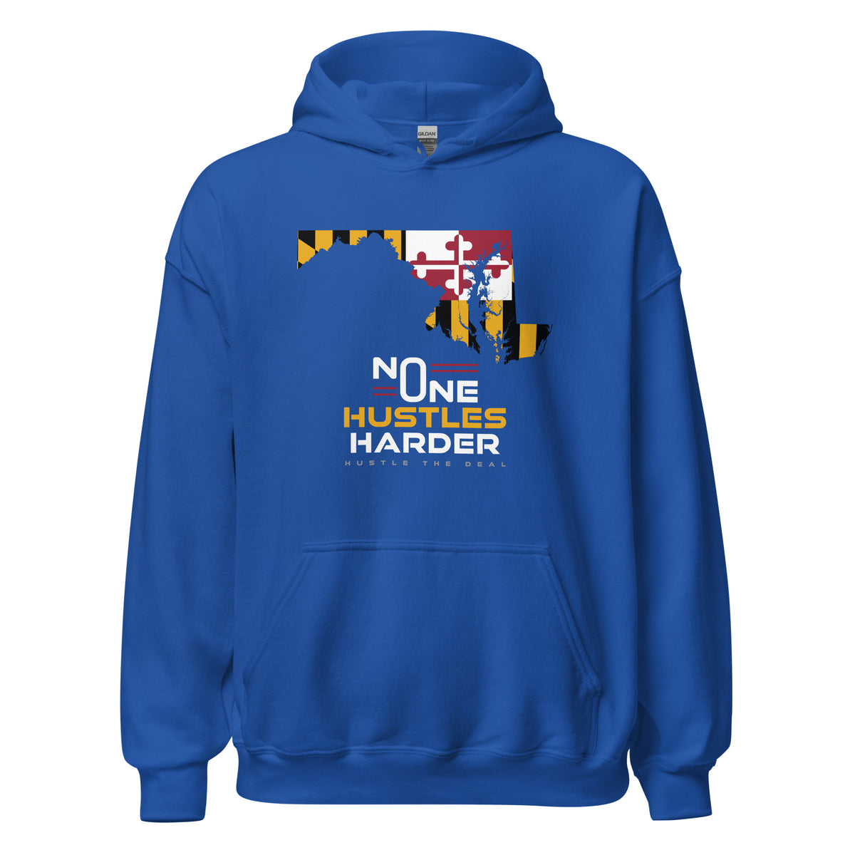 Blue Maryland hoodie with state flag graphic and No One Hustles Harder motivational design