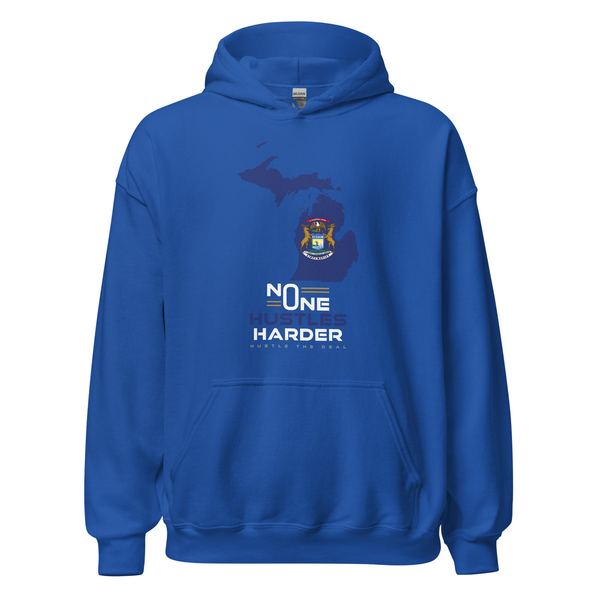 Blue Michigan hoodie with state flag graphic and No One Hustles Harder motivational design