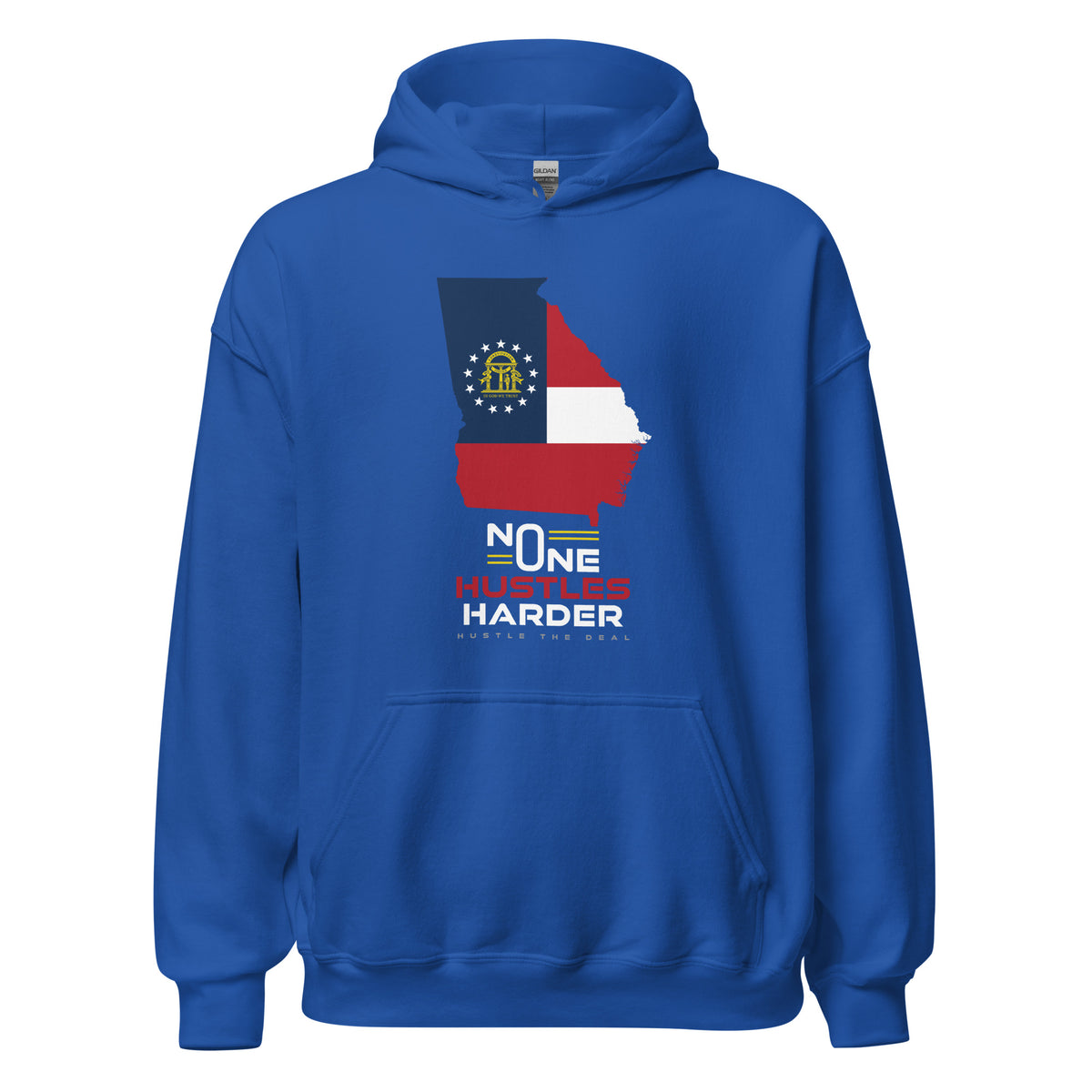 Blue Georgia hoodie with state flag graphic and No One Hustles Harder motivational design