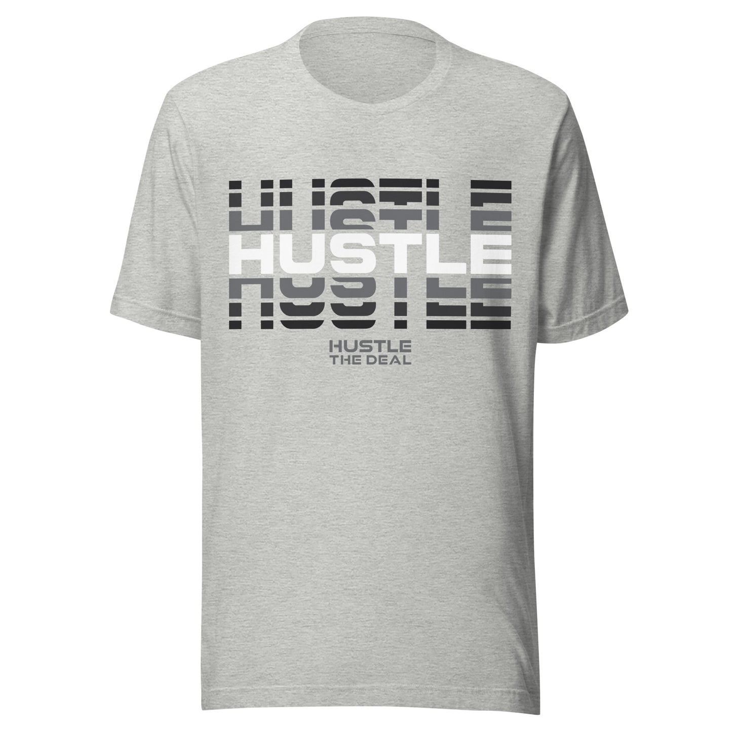 Grey Heather Reflective Hustle Graphic T-Shirt with layered hustle design