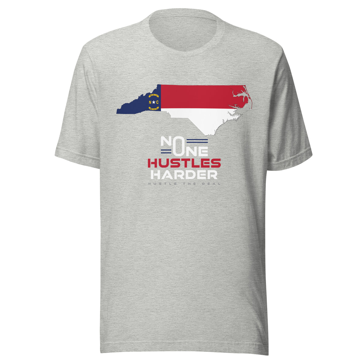 Grey North Carolina T-shirt with state flag graphic and No One Hustles Harder motivational design