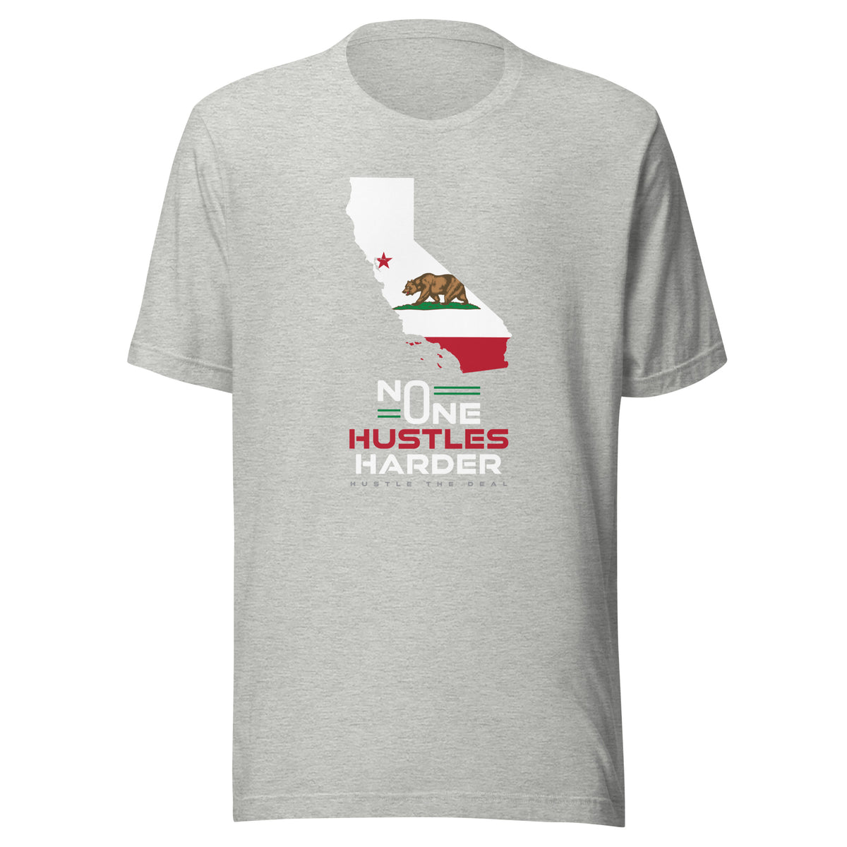 Light Grey California T-shirt with state flag graphic and No One Hustles Harder motivational design