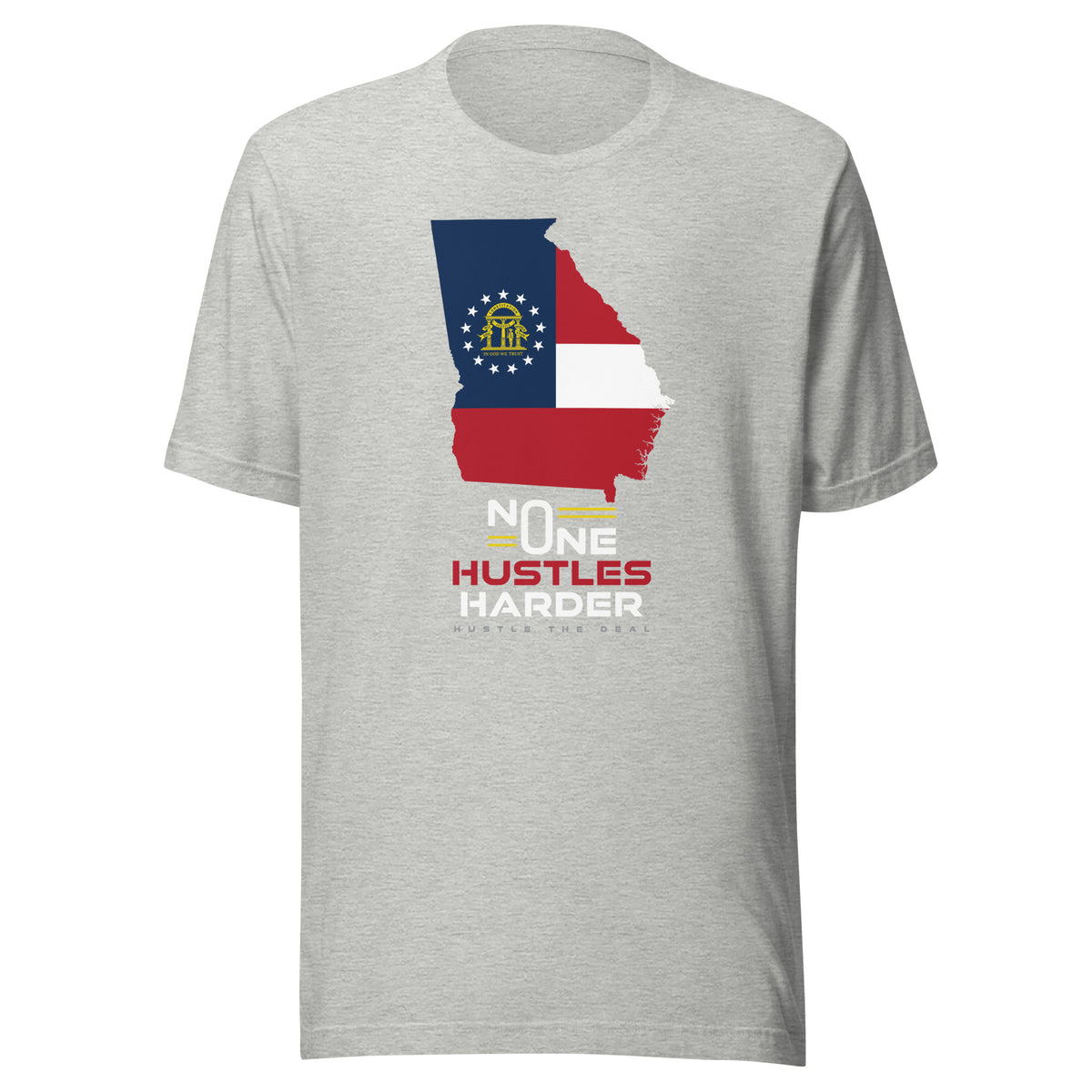 Grey Georgia T-shirt with state flag graphic and No One Hustles Harder motivational design