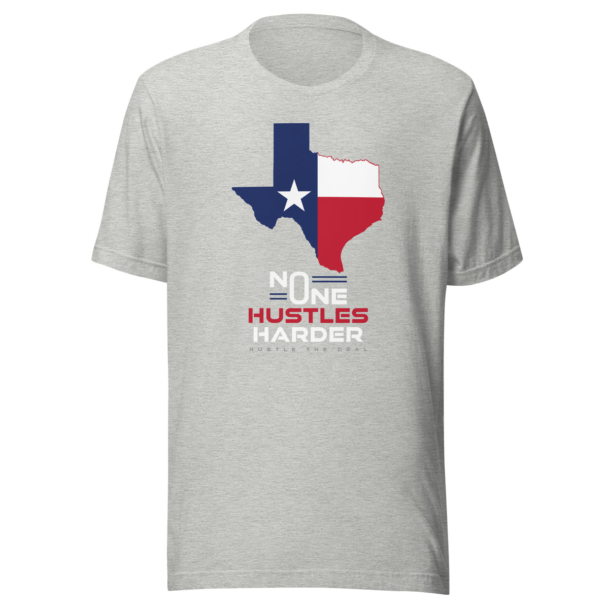 Grey Texas T-shirt with state flag graphic and No One Hustles Harder motivational design