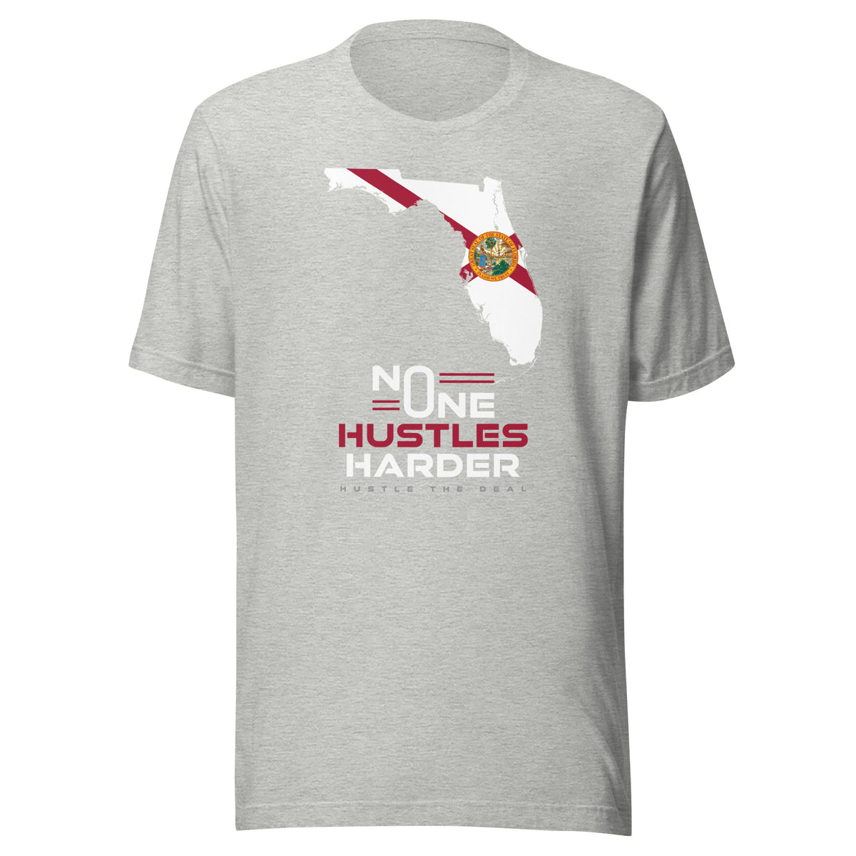 Grey Florida T-shirt with state flag graphic and No One Hustles Harder motivational design