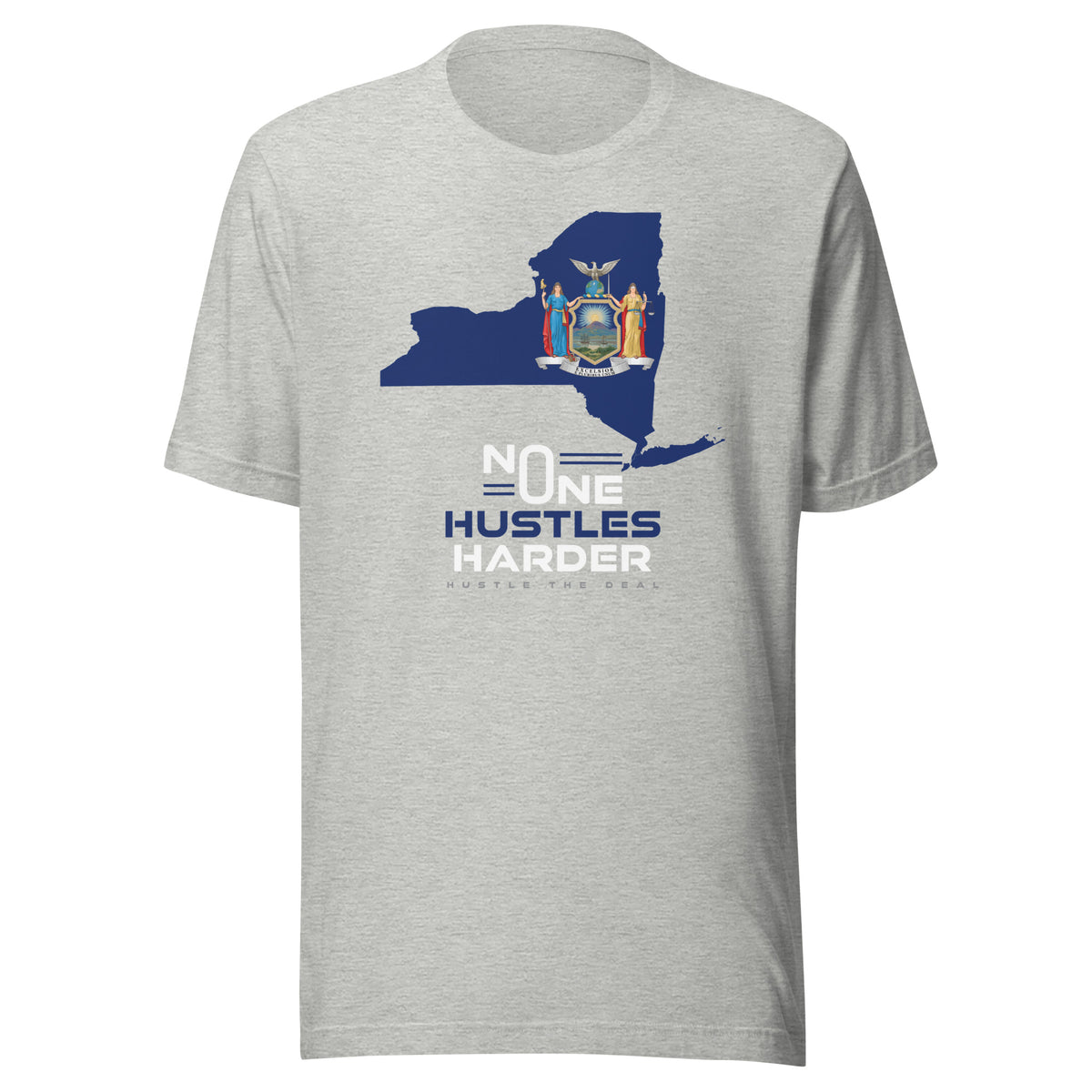 Grey New York T-shirt with state flag graphic and No One Hustles Harder motivational design