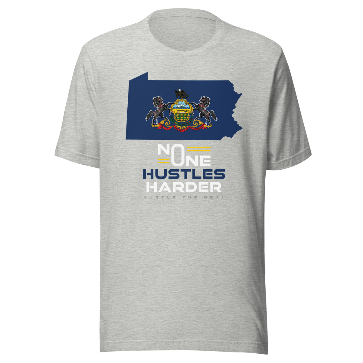 Grey Pennsylvania T-shirt with state flag graphic and No One Hustles Harder motivational design