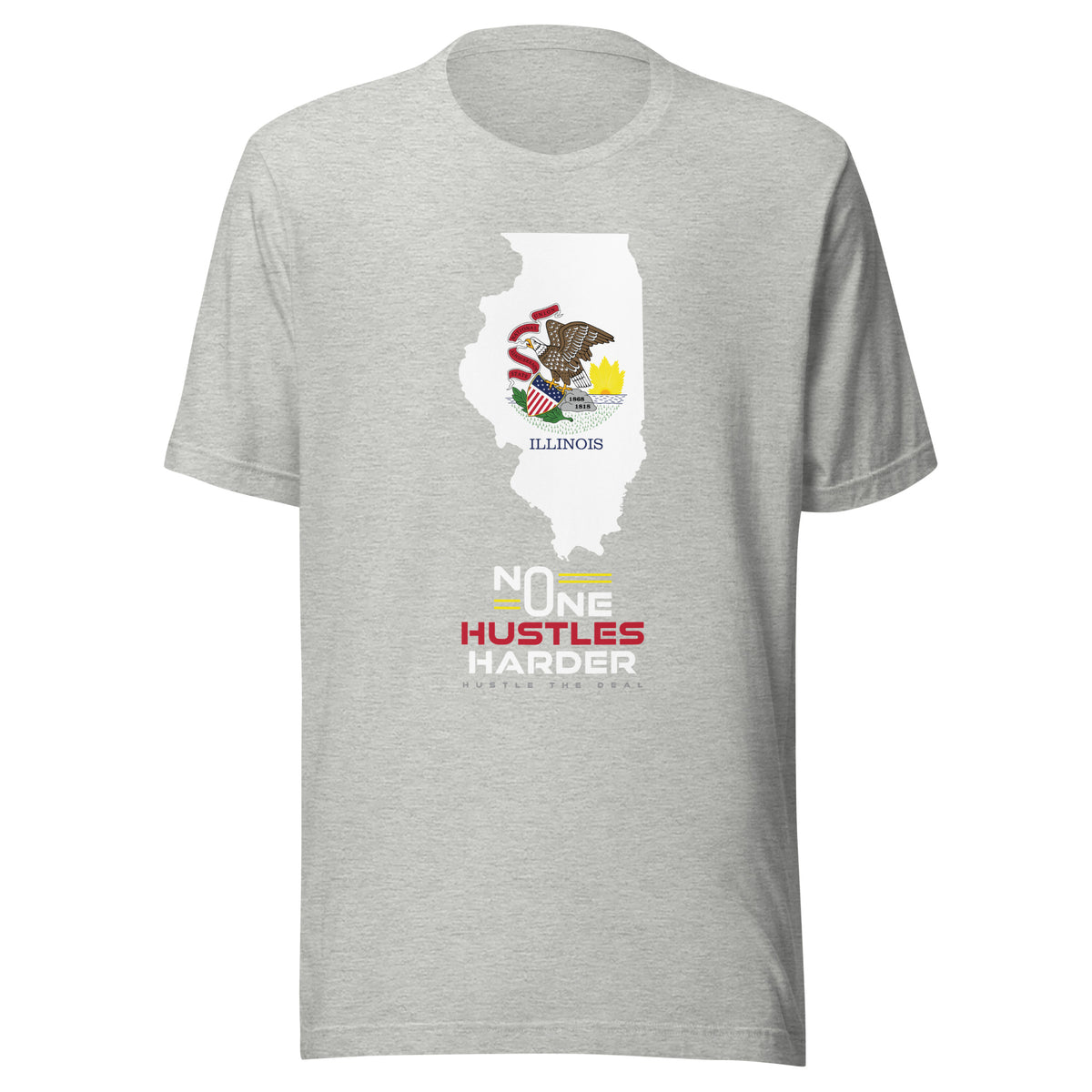 Grey Illinois T-shirt with state flag graphic and No One Hustles Harder motivational design