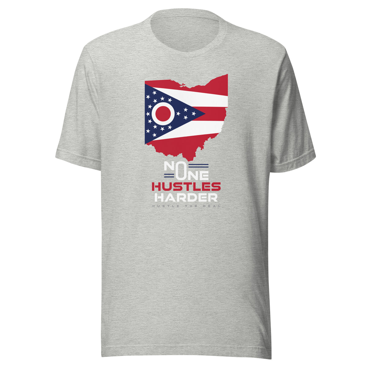 Grey Ohio T-shirt with state flag graphic and No One Hustles Harder motivational design