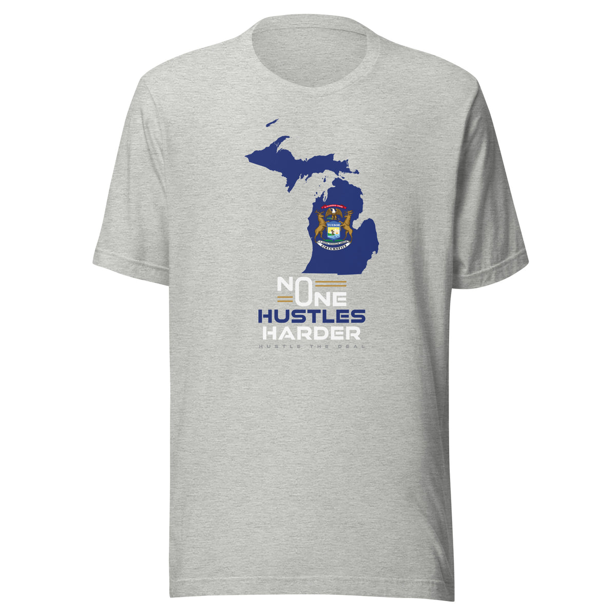 Grey Michigan T-shirt with state flag graphic and No One Hustles Harder motivational design