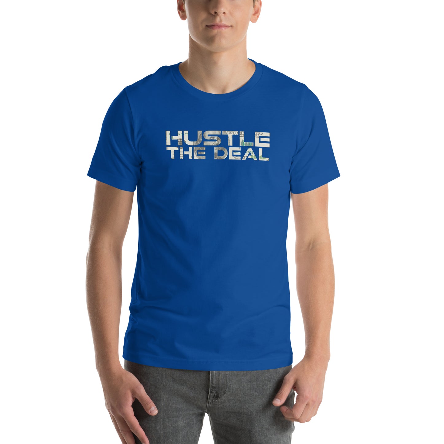 Blue $100 Bill Hustle The Deal T-Shirt with money graphic logo