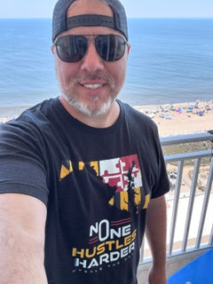Matt Wearing Maryland T-Shirt No One Hustles Harder
