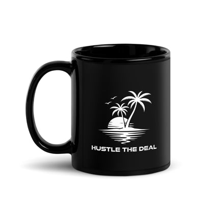Hustle The Deal Hustle in Paradise black glossy coffee mug with tropical island design