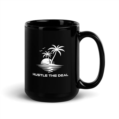Hustle The Deal Hustle in Paradise black glossy coffee mug with tropical island design