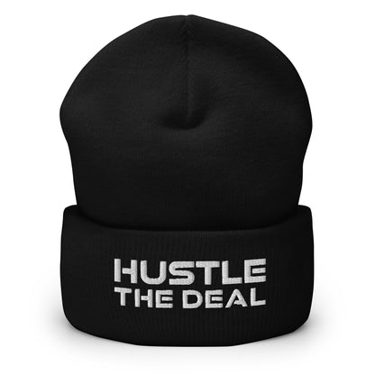 Black cuffed beanie with embroidered Hustle The Deal logo