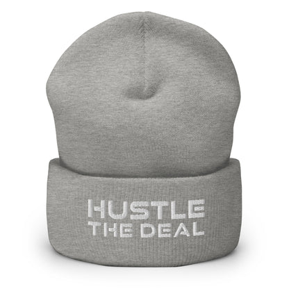 Grey cuffed beanie with embroidered Hustle The Deal logo