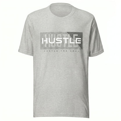 Gray t-shirt with 'HUSTLE' graphic design on a white background