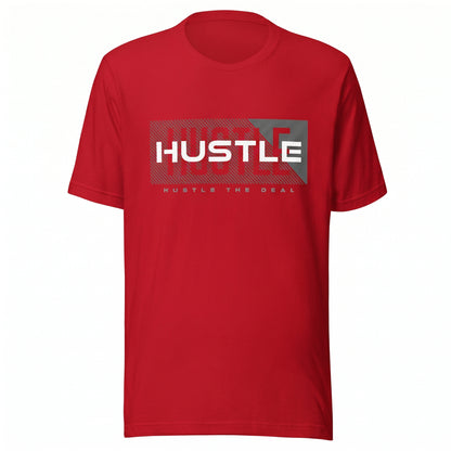 Red Shadow Hustle graphic t-shirt featuring layered HUSTLE design