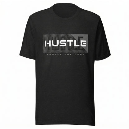 Black Shadow Hustle graphic t-shirt featuring layered HUSTLE design