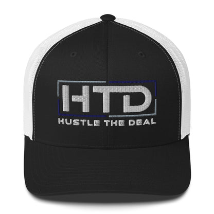 Denim and white trucker hat with embroidered HTD logo