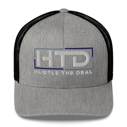 Heather gray and black trucker hat with embroidered HTD logo