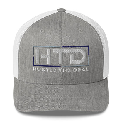 Heather gray and white trucker hat with embroidered HTD logo