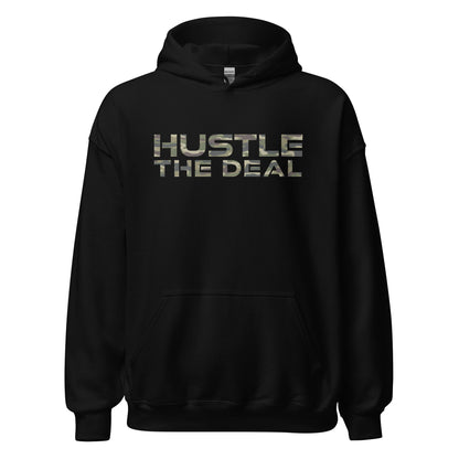 Black Camouflage Hustle The Deal hoodie with camouflage print graphic