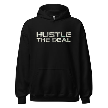 Black Money Print Hustle The Deal hoodie with dollar-bill graphic design