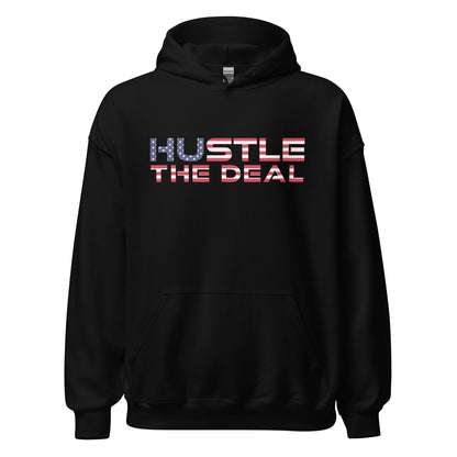 American Flag Hustle The Deal hoodie with red, white, and blue graphic design