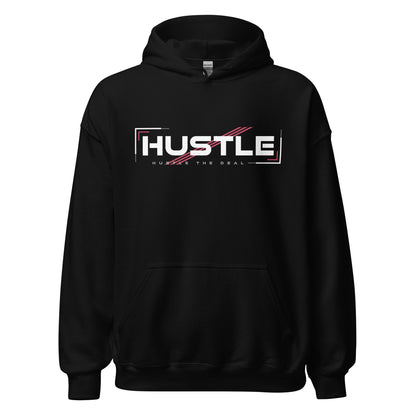 Black Classic Hustle motivational hoodie with bold HUSTLE graphic design