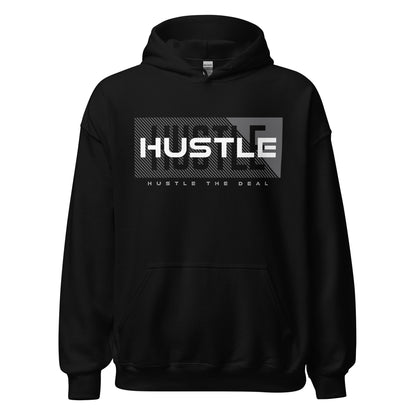 Black Shadow Hustle motivational hoodie with layered HUSTLE graphic