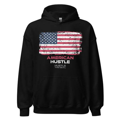 Black American Hustle patriotic hoodie with distressed American flag graphic