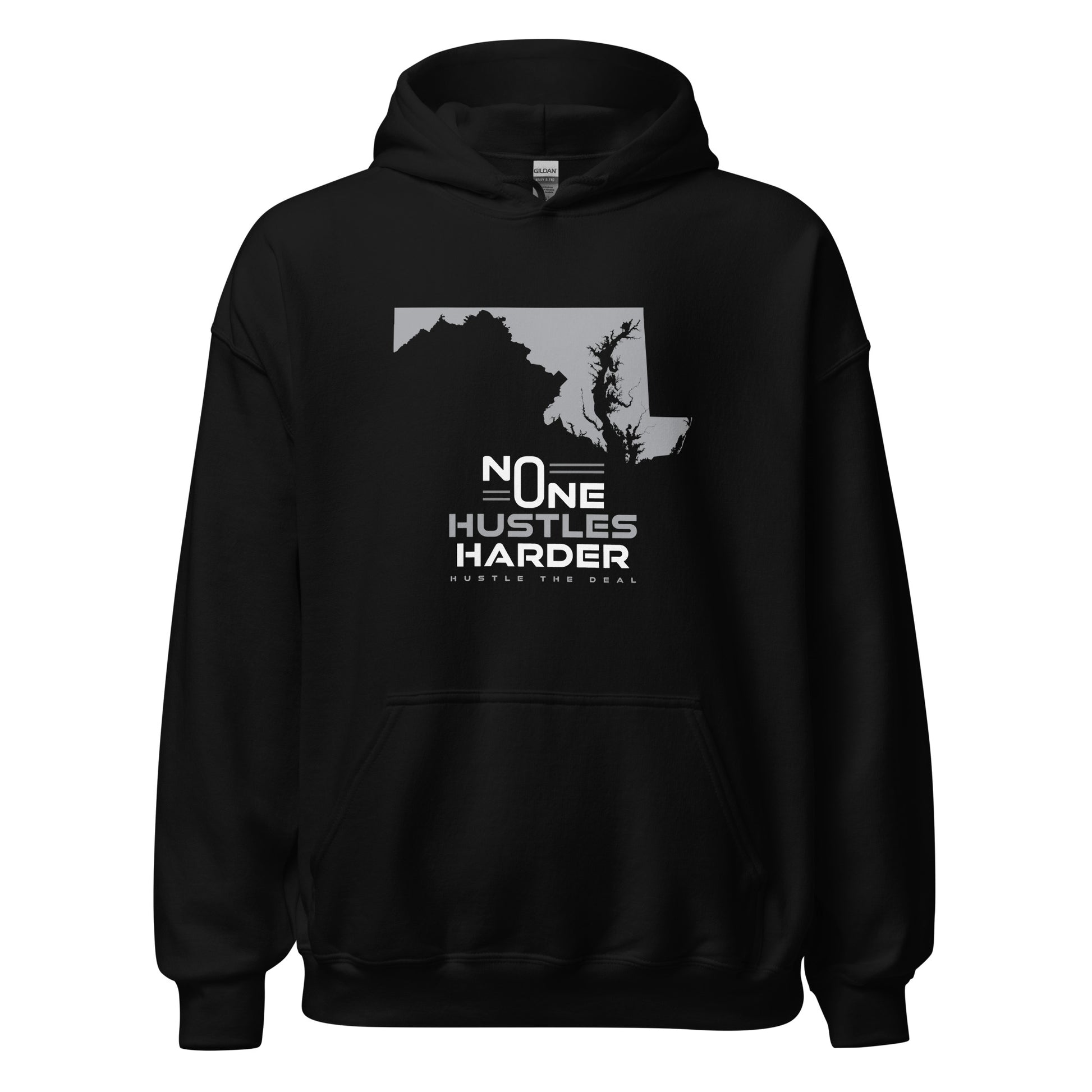 Black No One Hustles Harder Maryland hoodie with Maryland state graphic