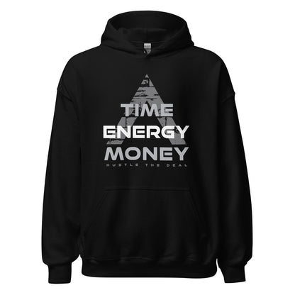 Time Energy Money black motivational hoodie with graphic text design