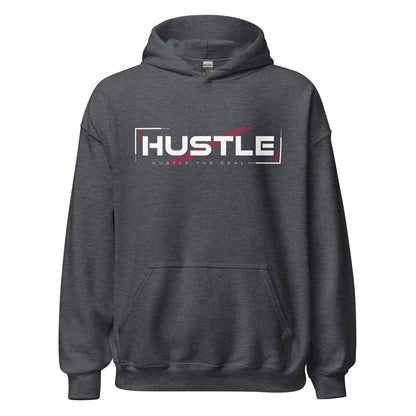 Grey Classic Hustle motivational hoodie with bold HUSTLE graphic design