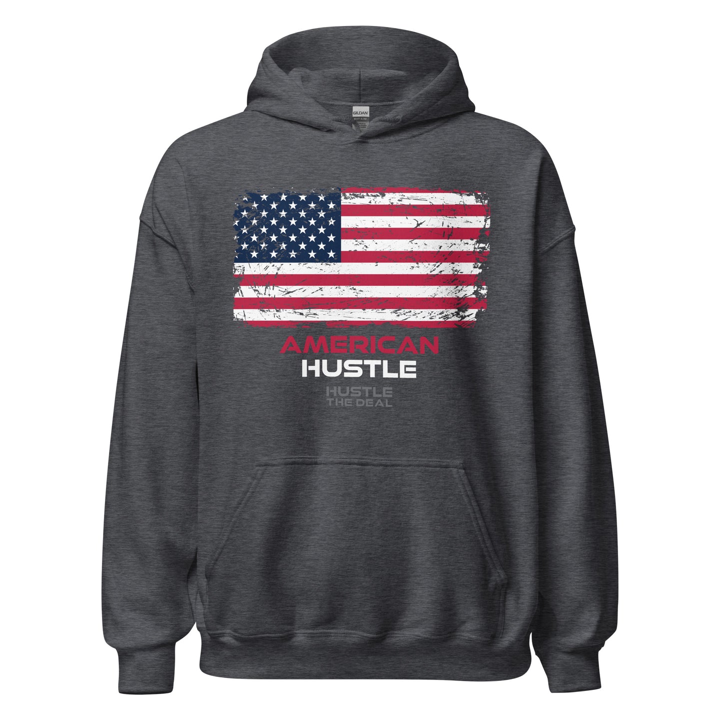 Dark Grey American Hustle patriotic hoodie with distressed American flag graphic