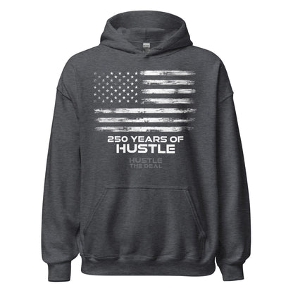 Dark grey 250 Years of Hustle patriotic hoodie with American flag graphic