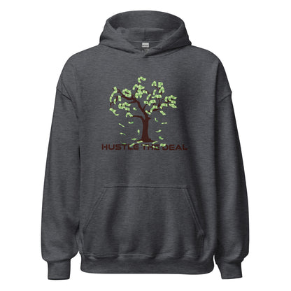 Dark grey Money Tree motivational hoodie with dollar-bill leaves graphic