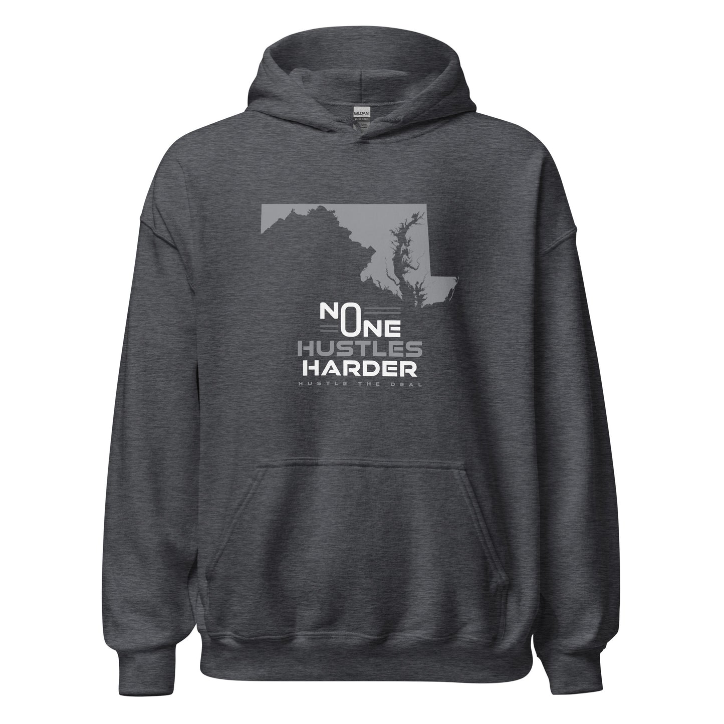 Grey No One Hustles Harder Maryland hoodie with Maryland state graphic