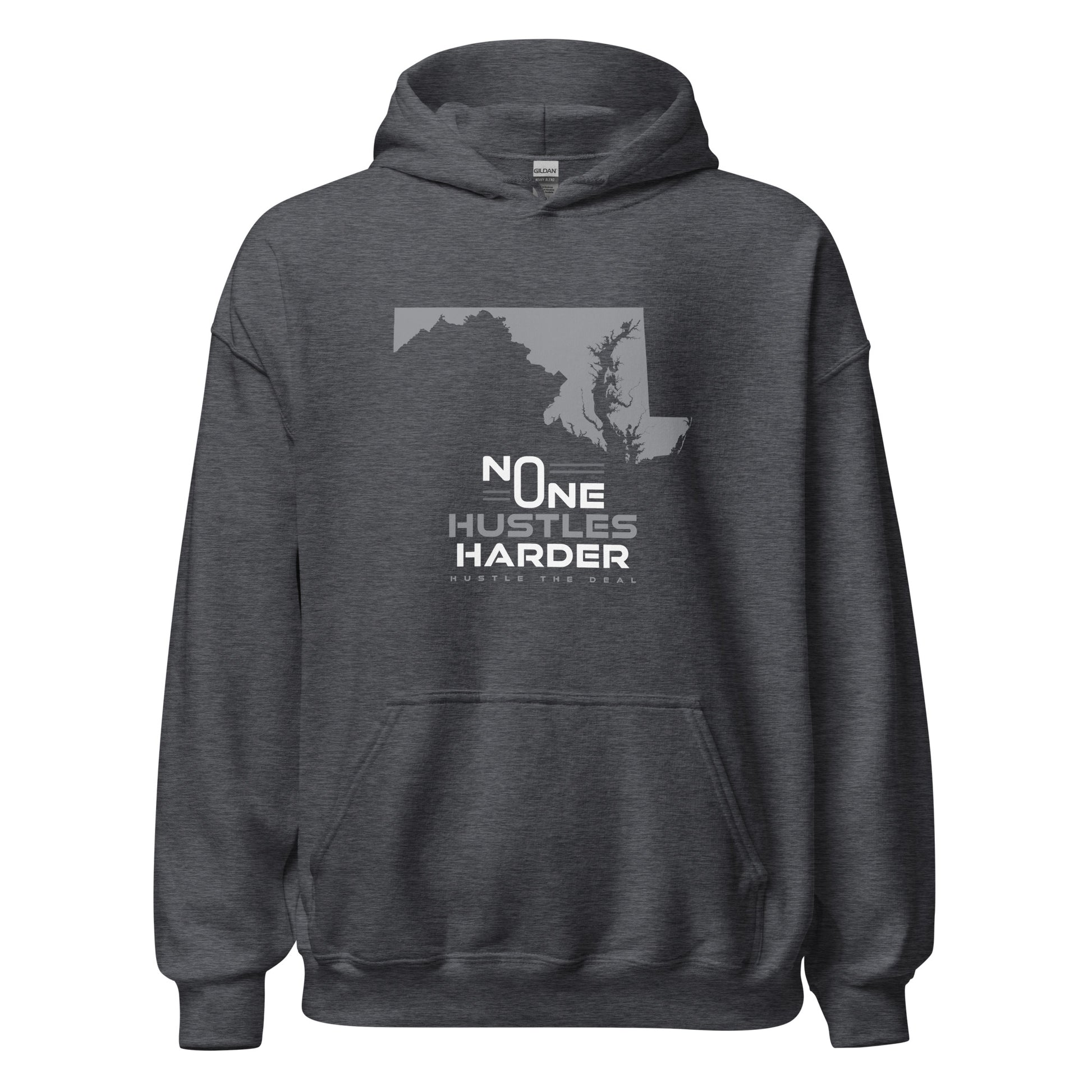 Grey No One Hustles Harder Maryland hoodie with Maryland state graphic