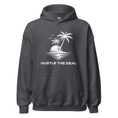 Hustle in Paradise graphic grey hoodie with tropical island and palm tree design