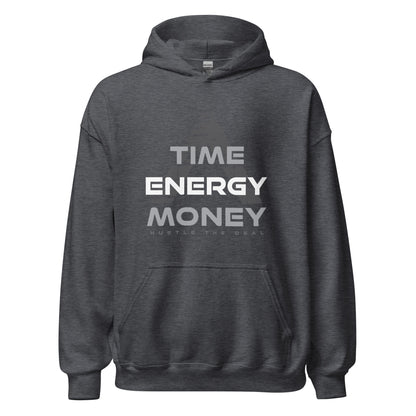 Time Energy Money motivational grey hoodie with graphic text design